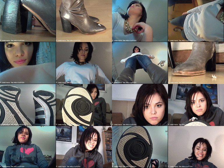 The first collection with Cherry and some shrunken men!
First a shrunken man climbs up to her knee, then another little man climbs up the sole of her sneakers - but both get caught and punished.
Extreme close ups, cool pov views, great crushing action and a very cute girl - Enjoy!