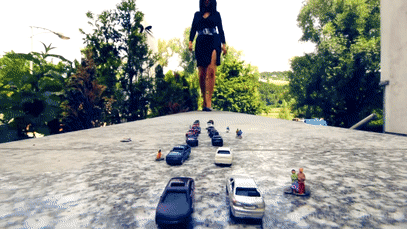 What does a giantess, if she gets bored? Probably she visits the next best highway and crushes all the cars and people with her high heels. ;-)
Watch me crushing toy cars and people into pieces beneath my beautiful black high heels. I also chew some cars between my teeth and crush one in my shoe.
