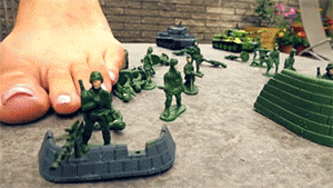 This is part 3 of 3 – last line of defense.

General Plot:
I’ve shrunken a nearby army base, because it was very noisy so I couldn’t concentrate on my science work. Now the tiny soldiers are on the run in my garden and built up three makeshift outposts. I’m going to wipe them out, one after another with my smelly giant bare feet.

Part THREE:
I found there last line of defense. I play around with them using my hand and feet. I also take one in my mouth and spit him out. I make myself comfortable and place my feet direct on their outpost and watch the helpless little soldiers, before I squish every single one of them and every building and car I can find.
Finally a tiny tank returns from patrol and will be degraded to my foot toy. ;-)

I got often ask for military scenarios with soldiers and tiny tanks. If you are into foot humiliation of army guys, this one is for you. ;-)