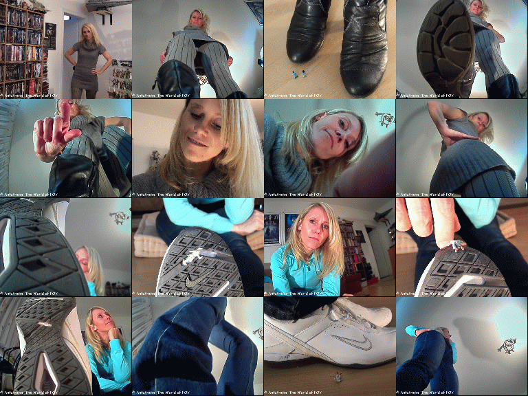 The first collection with Blue Star and some shrunken people.
Blue Star shrinks her ex boyfriend and his new girl - and now she's gonna have some revenge.
In the second video a little man tries to climb up the sole of her sneakers. At the end he gets accidentally crushed.
Crush, butt-crush and cool pov views - Enjoy!