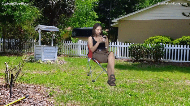 I was thinking a simple unaware fx video where cali is outside on a lawn chair reading a book or something and she is wearing birkenstock sandals, capri pants and a tank top. The shrunken man starts by climbing up her foot, then proceeds all the way up to her abdomen before she suddenly stands up and walks inside, and he has to balance on her waistband. (Some of Calis midriff is exposed). She then walks inside and gets a phone call, prompting her to stand in one spot and allowing the shrunken man to climb up to her shoulder. Cali then hangs up and sits down on a chair, and the man climbs up her neck and enters her ear. He calls her name, Cali hears him, tilts her head, catches the man as he falls out and holds him in the palm of her hand. She thinks he is cute and teased him a little bit ultimately decides to keep him.