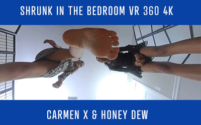 You have been shrunken and managed to get into your neighbors house. Soon the two giant roomate Carmen and Honey return from the club. They have no idea you are only an inch tall at their giant feet as they remove their heels to relax and talk about their night. Soon they spot you thinking you are a bug at first. They realize after looking at you that you are a tiny human! They pick you up on the bed and wonder how you got so small. Then they decide to have some fun with you. They make you worship their giant sweaty feet first. Sticking you between their toes to get all the toejam too. They out you back on the floor where they threaten to crush you! They pick you up and wonder how you taste. What will become of you at these giant brats mercy?
