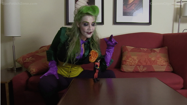 Miss Whitney Morgan is Jokers Daughter and she captures Robin and Batman tries to save him but he is also shrunk and gets captured as well.  Crush, Feet, Shoes, hand held, doll, Super Hero, booty crush, cleavage