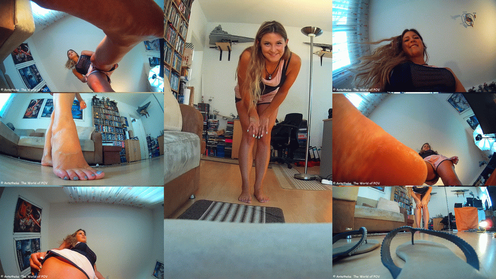 Laska is playing hide-and-seek with a dozen bugmen.

The rules are simple: Anyone who isn't found can live a nice life. 
But if you get caught, you get to feel her fantastic feet, get crushed under her butt or even eaten.

Nice close-ups, cool POV views, lots of barefoot action and a gorgeous giantess Laska.
(german pov video, no subtitles)