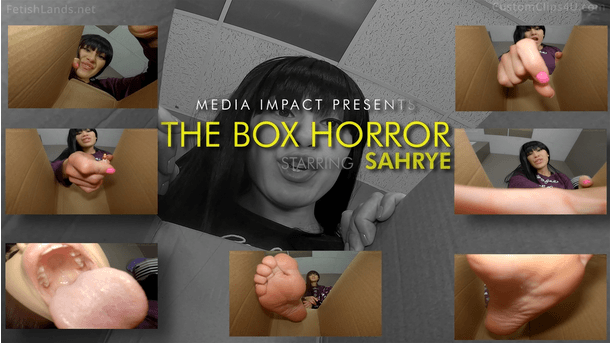 The entire video is POV from the inside of a box or container where you can see the tops of walls. You and a small crowd of people are trapped inside, recently acquired slaves for Sahrye and her boyfriend. You can hear worried commotion among the people. Sahrye comes into view looking down at the box first inquisitively, then with a calm/evil smile. She begins to welcome the group to their final moments alive. She explains that she is currently waiting for her boyfriend to get home and that when he arrives they will all meet their fate of being crushed by their feet or eaten alive. She leans in closer to the box looking inside, her face covering most of the shot with a little bit of the outside room left in view. She explains that before he gets home, she is going to snack on a few of us as she is hungry. She picks up tiny people one at a time, screaming, slowly placing them in her mouth and swallowing, gently laughing between each victim (you can obviously cut shots between each if needed). After eating about 4-5 tiny people, she sits on a chair and places one of her bare feet on top of the box, covering enough of the top to where you can see her toes/some of the ball of her foot and her face looking down at you. During this, she is softly smiling/examines us and begins to tell us all how insignificant we are, how scared we must all be. She notices some people bowing and worshiping. She lets them know that this isn't going to save them. Sahrye can hear her boyfriend arrive home. She lets the tinies know he's here and walks off-camera for a brief moment where it's implied she is talking to him. She arrives back, looks into the box with a coy/evil grin, and lets them know he's tired and will have fun with her together with their other batch of slaves tomorrow night. In the meantime, Sahrye explains she, is going to crush all of us with her foot. She raises her foot and slowly brings it down on the camera in the box, saying "goodbye slaves." The commotion of people turns into screams, and once her foot comes completely down on the camera it fades out.
