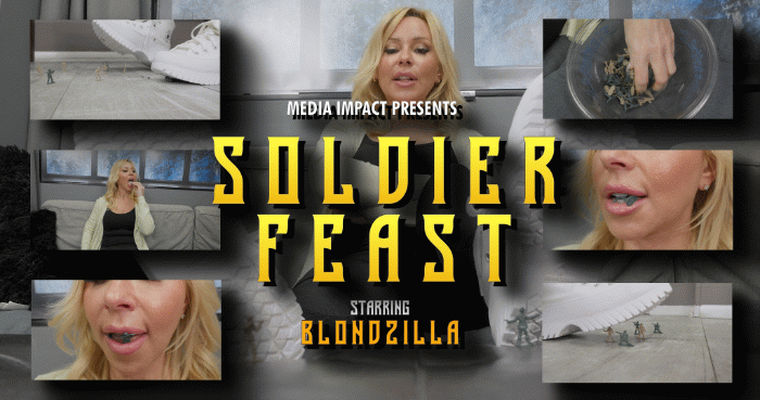 Blondzilla is one of many giantesses that the military has been trying to take down. However, Blondzilla is completely unaware of this and she finds the soldiers delicious. So whenever the soldiers show up in her house, rather than being disgusted or annoyed, she sees a free meal. She collects and stores them as snacks for later. One day, she walks into her living room with a big bowl of tiny soldiers. There are a few soldiers on the ground who she squashes beneath her sneakers without even noticing. She sits down on the couch and kicks her feet up on the table. She pulls out her phone and begins scrolling while casually chewing and munching on the soldiers. She licks and sucks on a few of them just to have something to toy with in her mouth. She hardly views them as living beings. She barely speaks to them or acknowledges them. She eats them up like popcorn as they are just food to her. However at one point, several of the soldiers start mouthing off to her, which slightly bothers her. So she grabs them a few and puts them down in front of her shoes, telling them to lick her soles clean. She continues scrolling through her phone, eating the soldiers and hardly paying them any attention. When her bowl is almost empty, she looks down and sees a couple of soldiers on the floor who managed to escape while she wasn't looking. She then grabs the soldiers that are still on the table licking her shoes and drops them on the floor with the escapees. She laughs and then stomps on them all, twisting and grinding them beneath her shoes. She mentions that this is hardly a loss to her as she has dozens of jars full of more soldiers to snack on. She grabs the last few soldiers out of the bowl and drops them in her mouth all at once, chewing them up. She swallows them and then walks out of the room as if this were a normal event.