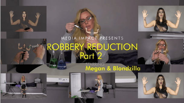 In this sequel to Robbery Reduction, Blondzilla is a doctor assigned to restore the tiny flat Megan to normal. She takes the paper-thin Megan and holds her in her hand to put her through two treatments, the first to restore her to normal size, the second to make her three-dimensional again. We see Flat Megan growing back to normal. Blondzilla is about to start on the second phase when she receives a phone call telling her that Megan's insurance has run out! She can't continue and Megan is left flat. She wonders how she'll get through life as a flat woman. Blondzilla makes some suggestions and then tells Megan not to worry. Meantime, she says, she will fold up the now panicked Megan and mail her back home.