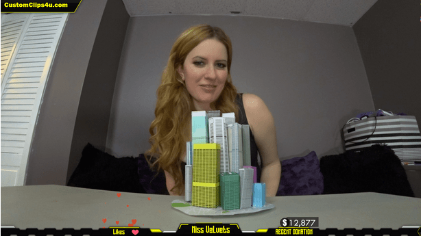 Jacquelyn Velvets is doing a live cam show and getting a lot of donations to her page. She gets so much money and hearts because people sent her tiny cities with real people and she takes requests from people that want her to crush the city in different ways. She has 2 cities and that sucks for them.