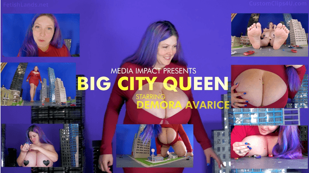 Demora has become a giantess and she calmly walks around crushing and eating people with her boobs mostly. She also levels some homes with her feet but she spares the city when they decide to worship her forever and make her Queen of the city.