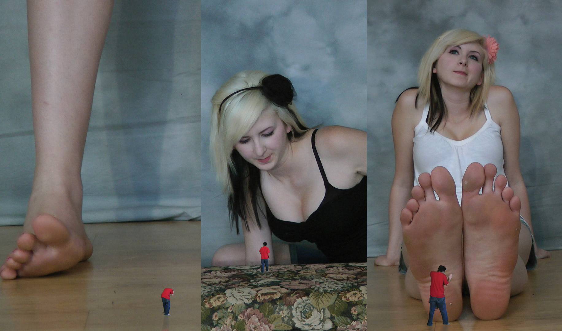 The full collection of Aurora Nichole SFX videos from her first video shoot in one pack. All three videos play back to back and come at a discounted price for buying them together. Those videos are:
<br><br>
Aurora Sits On A Butt Grabber SFX: Aurora now has a guy who grabbed her butt right where she wants him, already shrunk and at her mercy. He's confused at first as she shakes her butt overhead. As he tries to ask her what she's doing in his tiny squeaky voice, Aurora reveals she's going to squish him! Horrified the guy tries to explain himself, but she either can't hear him or doesn't care. In the end she sits down on him. He is just softly and quietly pressed into the plush seat she sits down on. The ending is replayed in advanced slow motion and some of the booty dancing scenes are replayed in slow motion throughout and at the end as an added bonus. Includes music throughout as well.
<br><br>
Aurora Steps On Her Friend SFX: Aurora lent her friend some money and she hasn't any return since. Fed up she's already shrunken him down and he now stands at her huge bare feet. In his tiny squeaky voice he tries to explain himself but she can't even hear him anyway as she echoes high above. Finally she squashes him flat with a gooey sounding splat! Replayed again in advanced slow motion. All the green screen content in this is unused before and original. Includes some POV and scenes of her twisting her foot on where her tiny friend once stood.
<br><br>
Foot Slave Massages Auroras Feet SFX: Aurora voice echos as she instructs her foot slave who is massaging her huge bare feet for her. All original green screen content as he rubs her feet that tower over him. Includes a couple bonus advanced slow motion scenes that are closer views of Aurora's feet as her tiny foot slave rubs them for her. No violent end to this one, just Aurora being content with her foot massage.